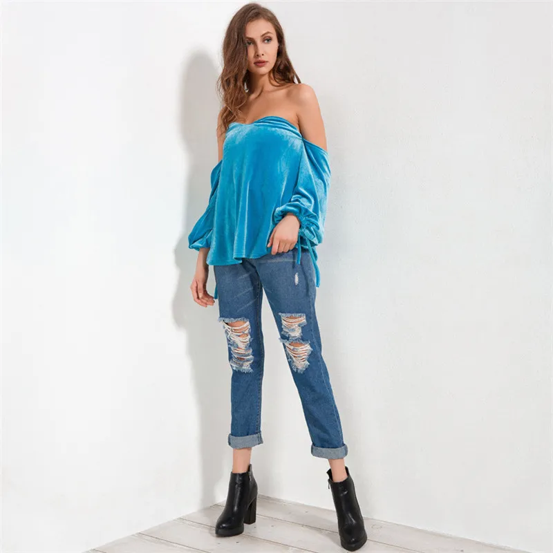 RIISDA Spring off shoulder Velour Crop Top T shirts Lantern long sleeve Solid Color Tops Tee For Women Clothing camisetas mujer (3)