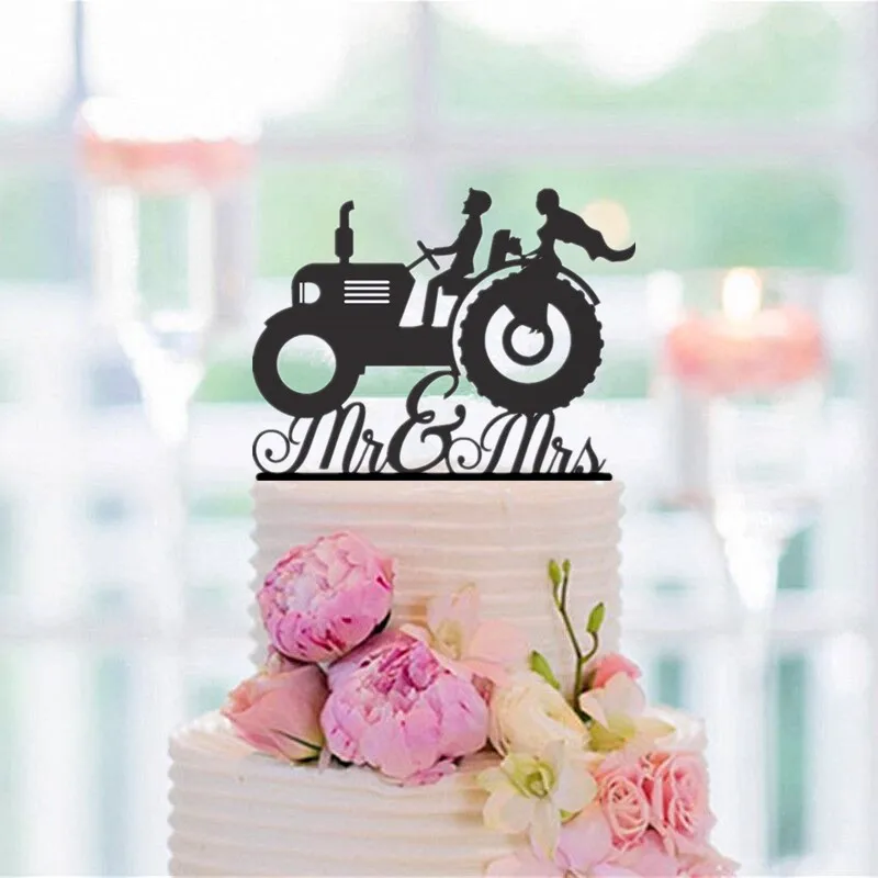 

Mr & Mrs Farmer Southern Style Wedding Cake Topper Tractor Lawn Deer Cake Topper | Solid Color Cake Toppers