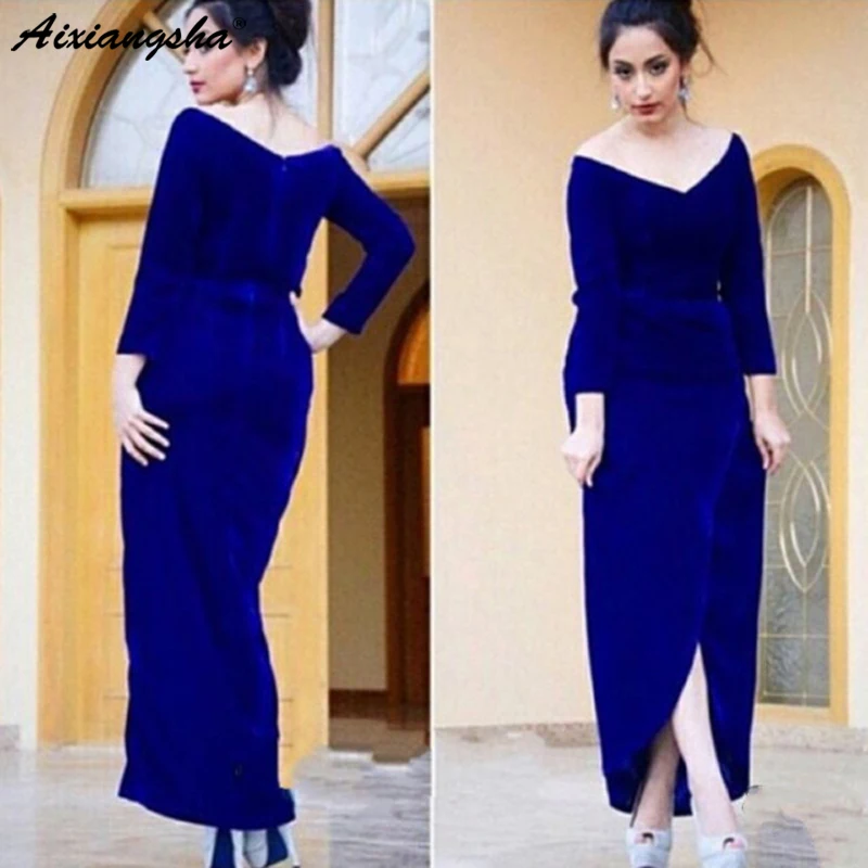 

Blue Special 2019 Occasions Long Evening Gress Velvet off the Shoulder Saudi Arabia ankle-Length Long Sleeve Evening Dresses