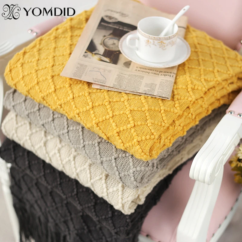 Вязаное покрывало для путешествий лимонно-желтое темно-серое покрывало для дивана с кисточками, воздухопроницаемое одеяло с геометрическим узором 130x150