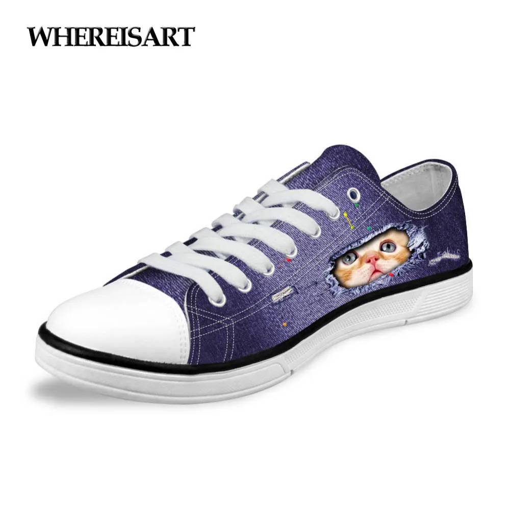 

WHEREISART 3D Cute Denim Animal Cat Ferret Print Ladies Fashion Vulcanize Shoes Casual Flats Low Canvas Shoes for Women Girl