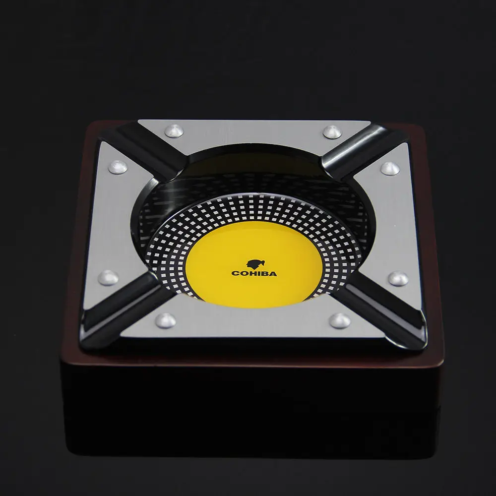 

COHIBA Square Red Wood Cigar Ashtray Metal Ash Tray Luxury Office Ashtray Deliacte Ashtray 4 Cigars Holder Ash Slot Smoking Tool