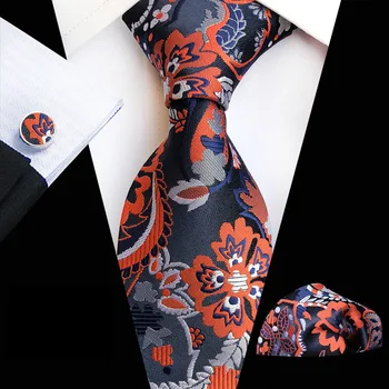 

Orange Navy Novelty Tie Hanky Cufflinks Sets Men's 100% Silk Ties For Men Formal Wedding Party Groom