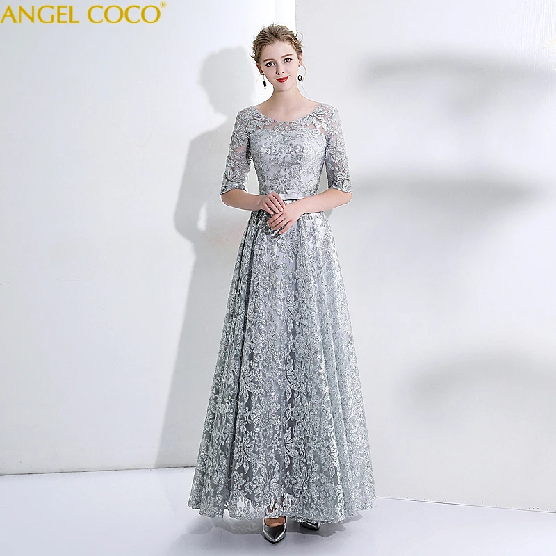 

Silver Long Mother of the Bride Dresses Groom Lace Three-Qarter Sleeves Lace Tulle Floor Length for Summer Wedding Party Gowns
