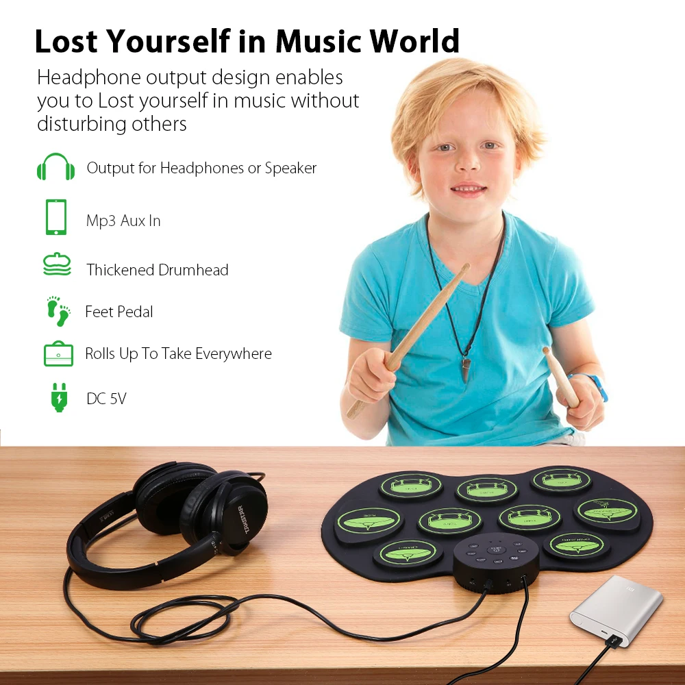 ammoon Digital Electronic Drum set Roll-Up Percussion Drum kit Electronic Pad 9 Pads 2 Foot Pedals for Kids Beginners