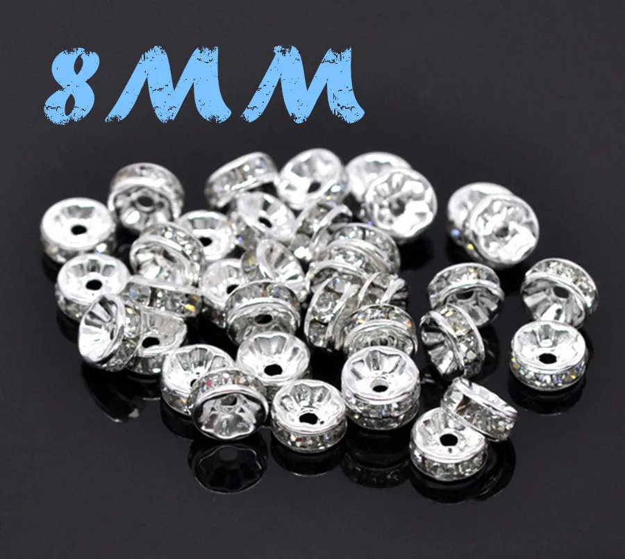 

8MM AAA Metal Silver Plated Crystal Rhinestone Rondelle Spacer Beads 100Pcs Free Shipping