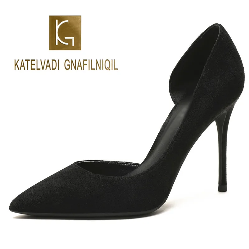 

KATELVADI Women 4Inches High Heels Pumps Women Shoes Pointed Toe Side Opening Summer Flock Sexy Party Shoes Black K-354