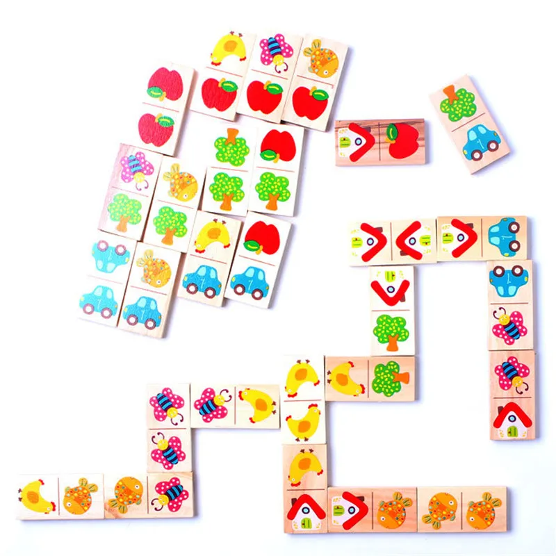 28pcs Wooden Domino Fruit Animal Recognize Blocks Dominoes Games Jigsaw Montessori Children Learning Education Puzzle Baby Toy