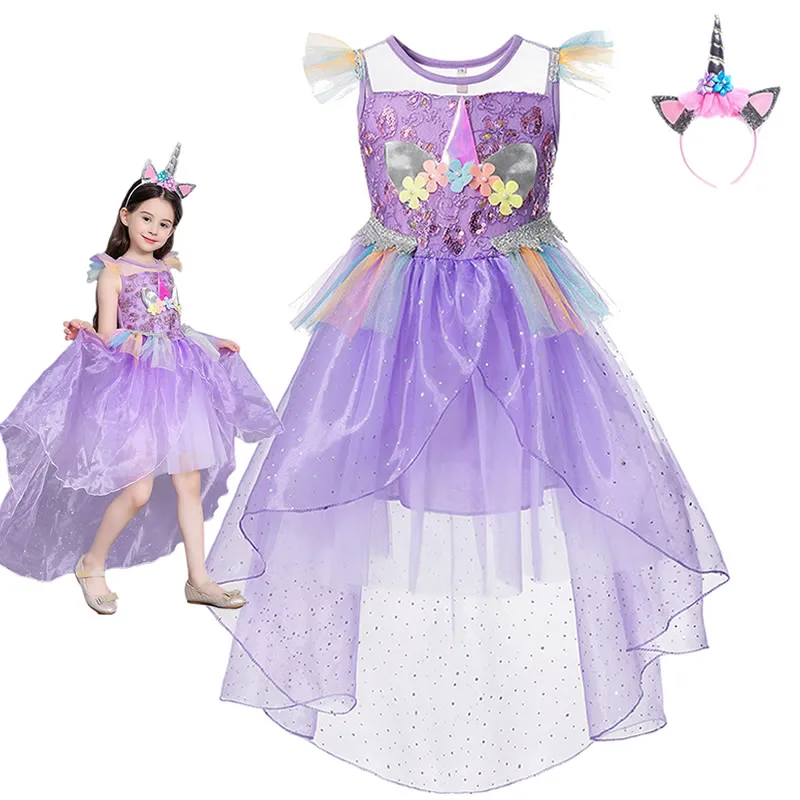 Платье для девочек с единорогом; Детский костюм для дня рождения; Радужная тема принцесс; нарядное платье; Милые Свадебные Платья с цветочным узором для девочек