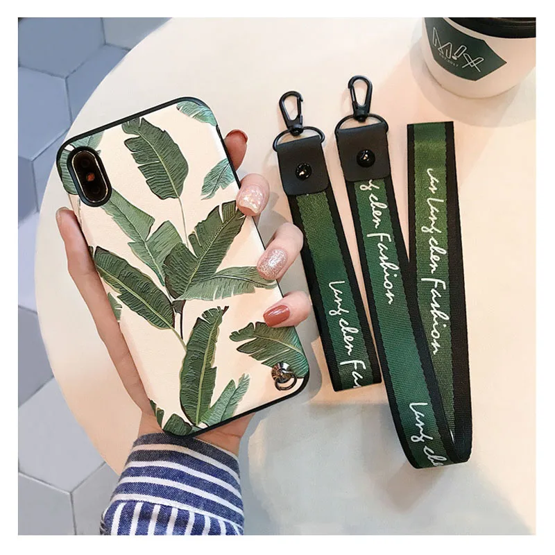 Caja del teléfono del alivio 3D de las hojas frescas de la manera del Instegram con las correas de la muñeca del cuello 8 plus para el iPhone 7 plus X 6 funda con Correa s 6 s plus Caja del teléfono del alivio 3D de las hojas frescas de la manera del Instegram con las correas de la muñeca del cuello 8 plus para el iPhone 7 plus X 6 funda con Correa s 6 s plus