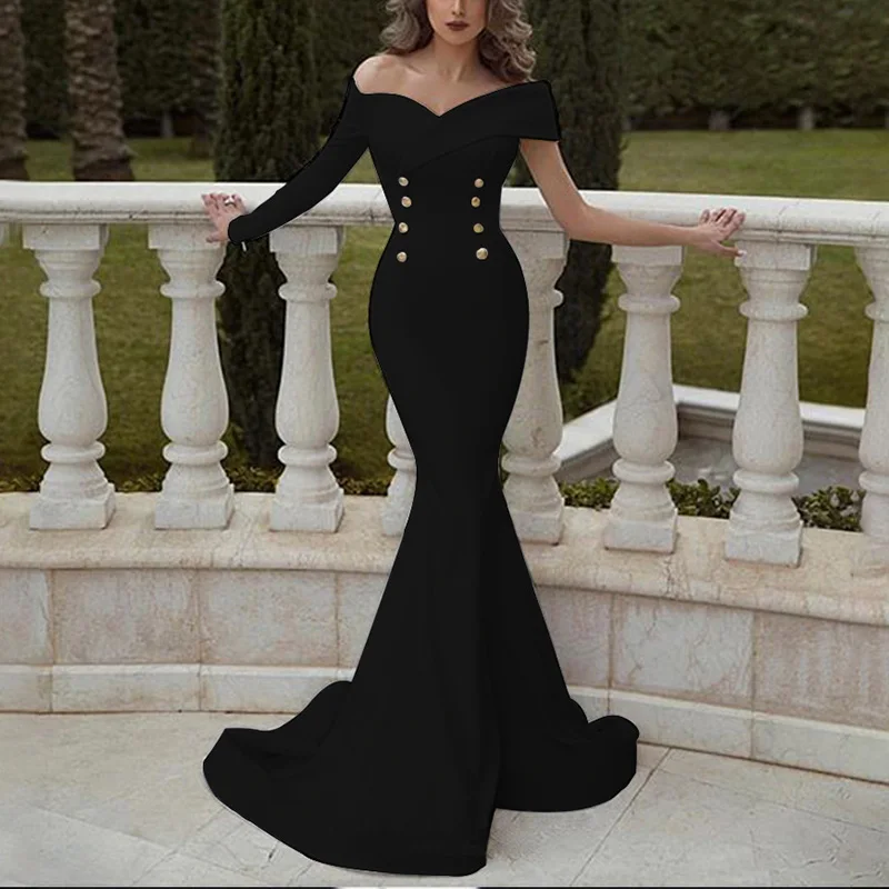 

Women Dress Formal Long Sleeve Slim Evening Off-shoulder Ladies Dress Elegant Buttons Party Dresses