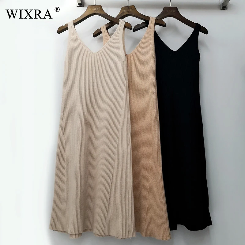 Wixra, женские осенние зимние вязаные платья на бретелях, свободные эластичные повседневные платья без рукавов, популярные женские короткие платья