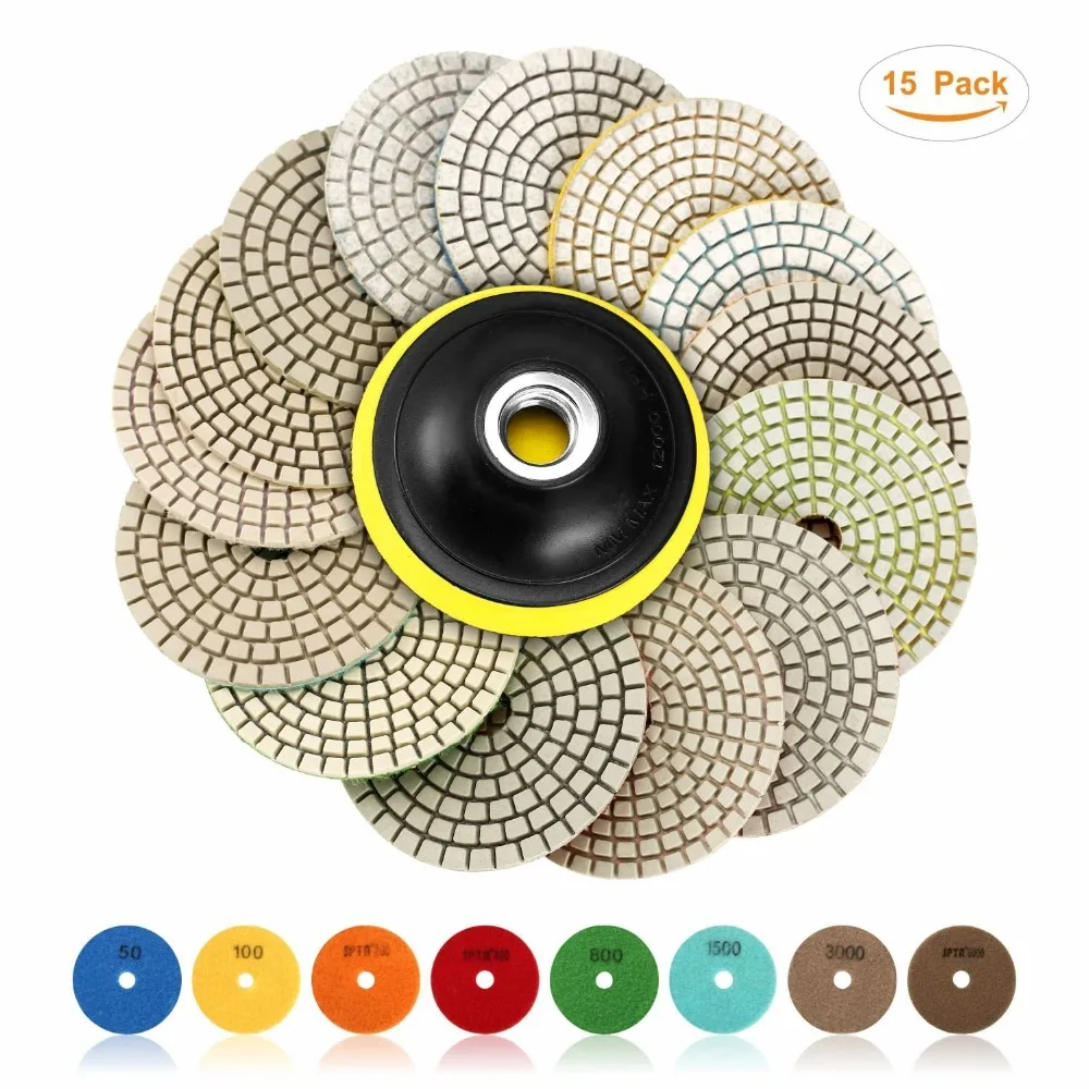 SPTA 15Pcs 4" 100mm Diamond Wet Dry Polishing Pads For Granite Stone