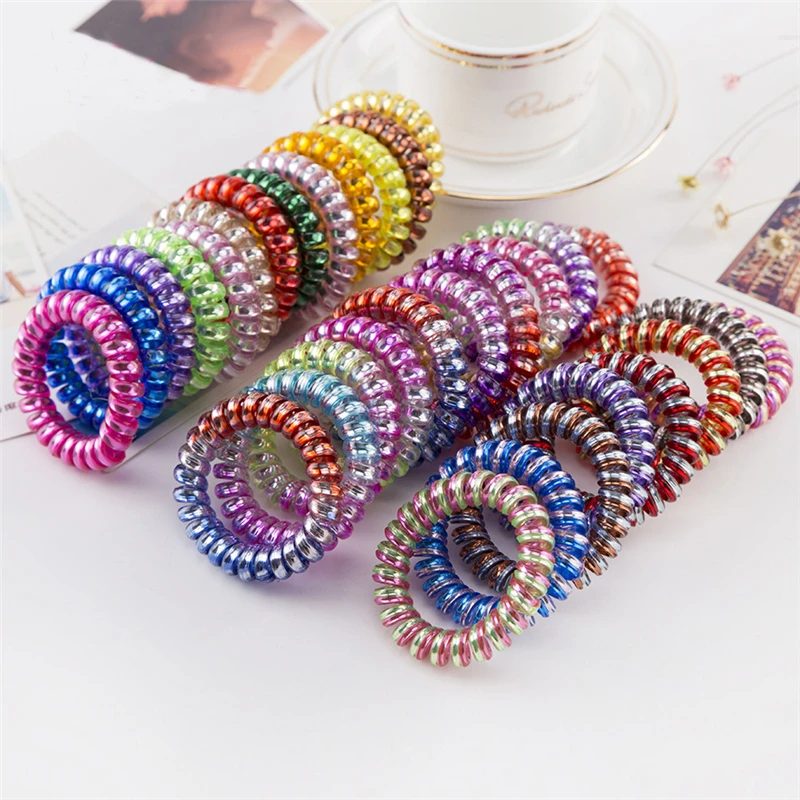

6Pcs/Lot New Glitter Multicolor Telephone Cord Women Headwear Elastic Rubber Bands Girls Gum Ponytail Holders Hair Accessories