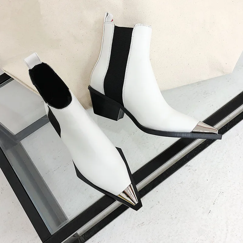 

Rome Short Booties Real Leather Shoes Woman Metal Pointy Toe Dress Ankle Boots Solid Chunk Heels Women Boots Vintage Shoes 2018