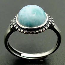 Anillo Larimar Natural de diseño Vintage, joyería de 100% Plata de Ley 925 redonda, anillo de boda de piedra Larimar, anillo ajustable para mujeres, tamaño del anillo