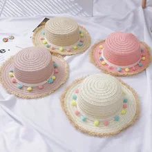 Летняя соломенная шляпа для девочек с широкими полями кисточки-Помпоны флоппи Панама для пляжа MC889