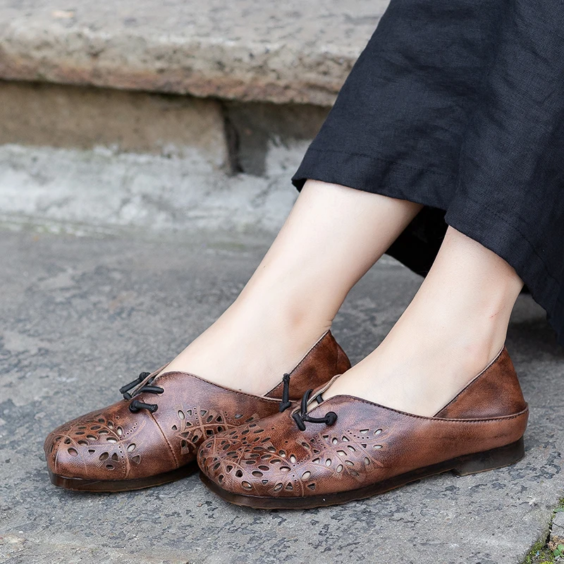 

Sheepskin Women Shoes 2019 Handmade Square Toe Lady Flat Shoes Natural Leather Fretwork Soft Female Leisure Shoes