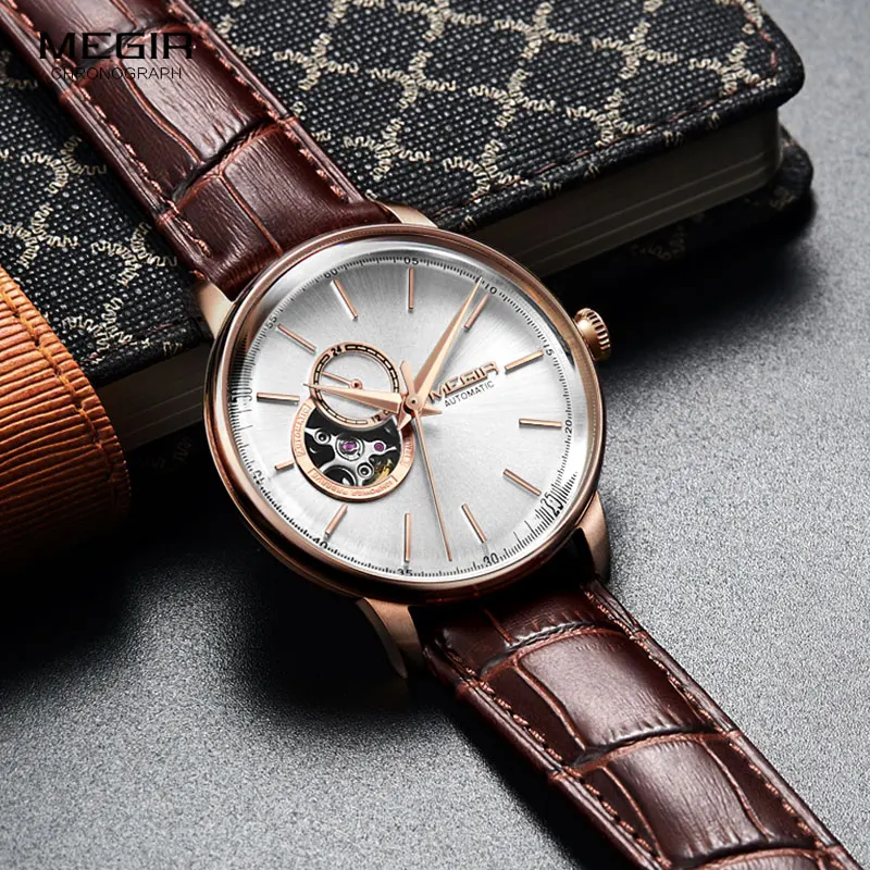 MEGIR мужские модные повседневные механические часы с кожаным ремешком, простые деловые аналоговые наручные часы для мужчин, розовое золото, 62057GREBN