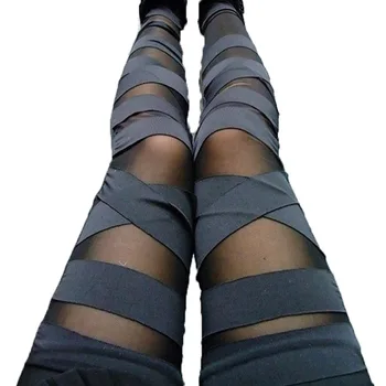 

Hot Fashion Patchwork Leggings Spring And Autumn Nine Part Pants Crossing Hit Underpant Gauze Female Fitness Black Leggins