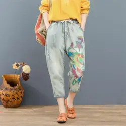 Оригинальные вышитые джинсы женские 2019 сезон: весна-лето эластичный пояс промывают отверстие джинсовые штаны шаровары большие размеры r744