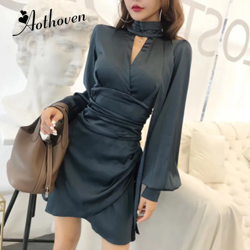 

Spring Dress V Neck Full Lantern Sleeve Womens Dress 2019 Bandage Office Ladies Vintage Elegant Midi Asymmetrical Party Dresses