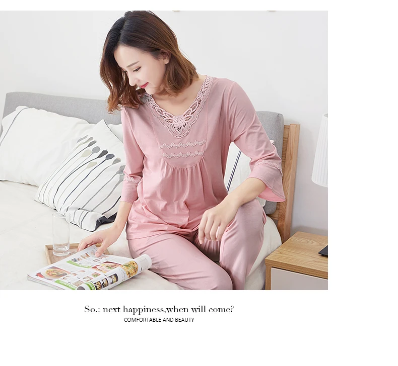 Осенние пижамные комплекты Пижама с рукавом семь четвертей 100% хлопок v-образный вырез однотонная Домашняя одежда женские пижамы женские