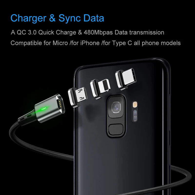 Elough الشحن المغناطيسي المصغّر USB كابل ل فون سامسونج Xiaomi الهاتف المحمول QC3.0 سريع المغناطيس شاحن USB نوع C سلك كابل