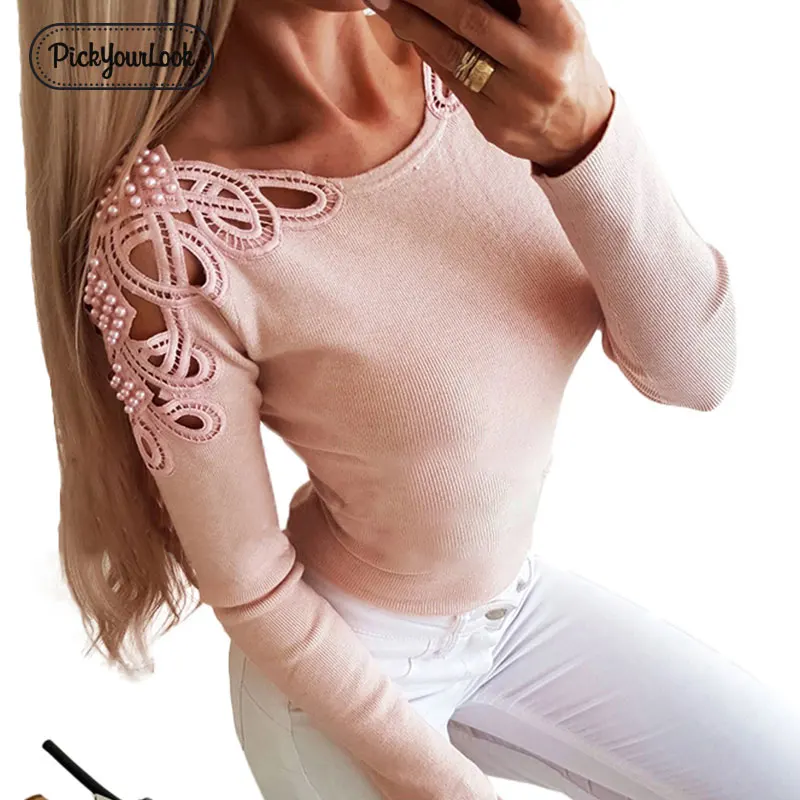 Pickyourlook трикотажные топы для женщин свитер выдалбливают осень жемчуг женский джемпер Трикотаж с длинным рукавом сплошной Дамы Трикотаж Blusas - Цвет: Розовый