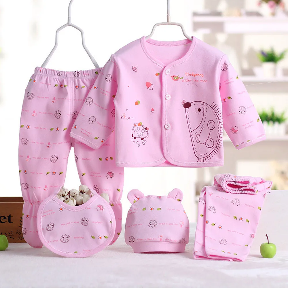 

5PCS Newborn Baby Boy Girl Cartoon Long Sleeve Tops+Hat+Pants +Bib Outfit Set