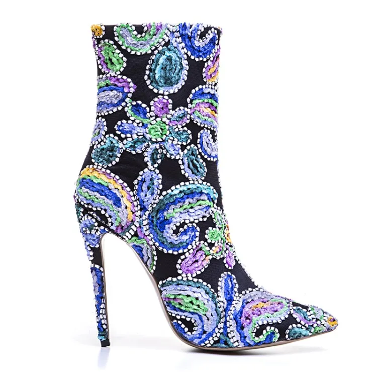 

Plus Size 2017 New Spring Autumn Shoes Woman Mid-Calf Side Zip Boots High Thin Heels Tide Sexy Woman Designer Ethinic Booties 43