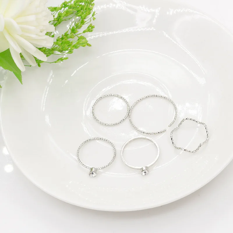 Кольцо женский Корейская версия горный хрусталь волна кольцо пять Piece Ring Set уплотнительное кольцо студентка подруги хвост кольца женский