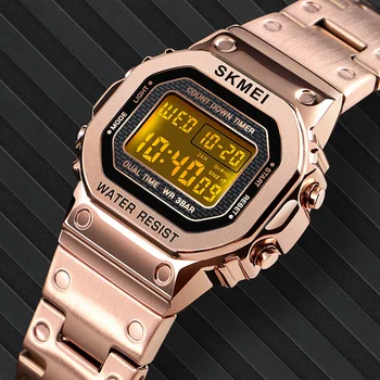 

Women Digital Watch Luxury Casual Stainless Steel Strap Watch Ladies Countdown Alarm 12/24 Hour Clock Female Reloj Mujer SKMEI