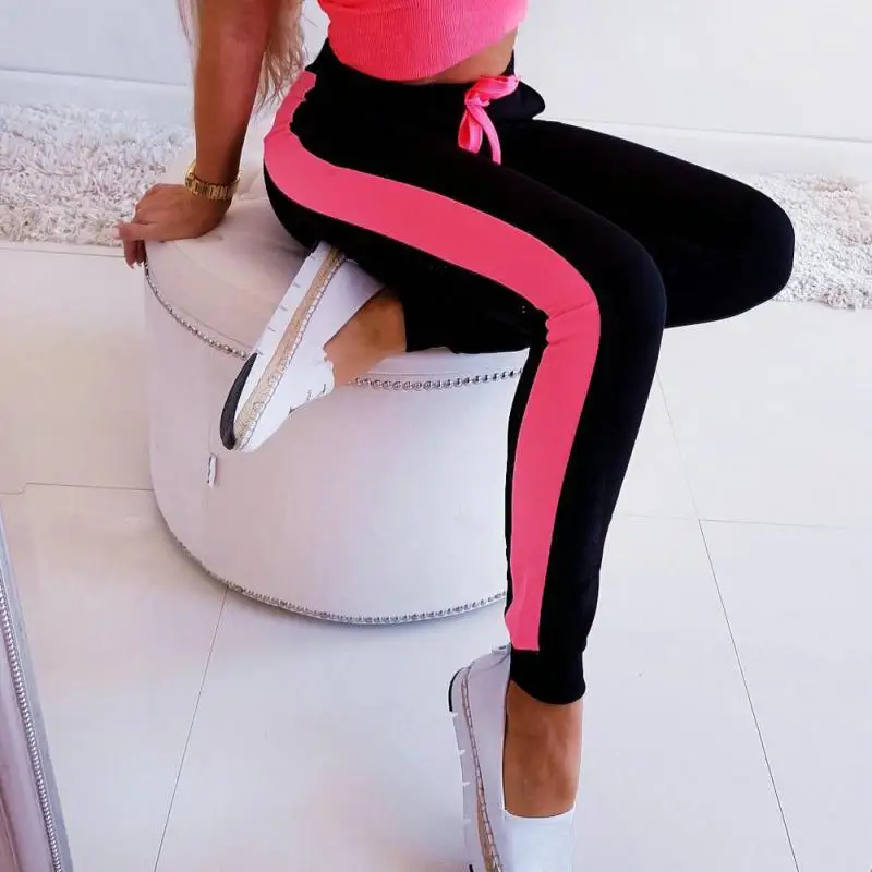 

Women Side Stripe Outdoor Running Pants Breathable Quick Dry Small Leg Open Fitness Exercise Workout Pants Lace Up Elastic Waist