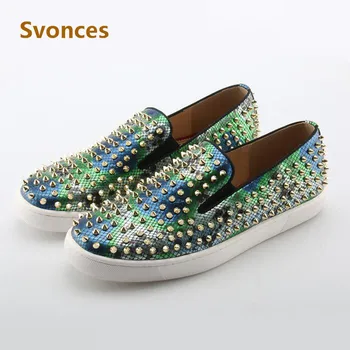 

New Genuine Leatherl Mens Casual Shoes Luxury Platform Gold Spikes Design Flats Rivets Serpentine Loafers Shoes Man Zapatillas