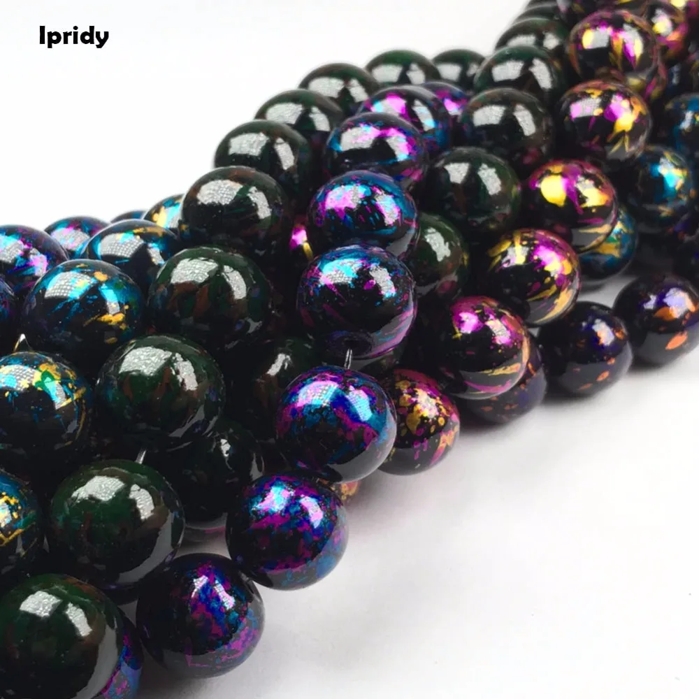

Ipridy Black background Silver Point Mixed Spray Painted Round Glass Bead Strands, 6mm 8mm 10mm 12mm Hole: 1.5mm 5 strands/lot