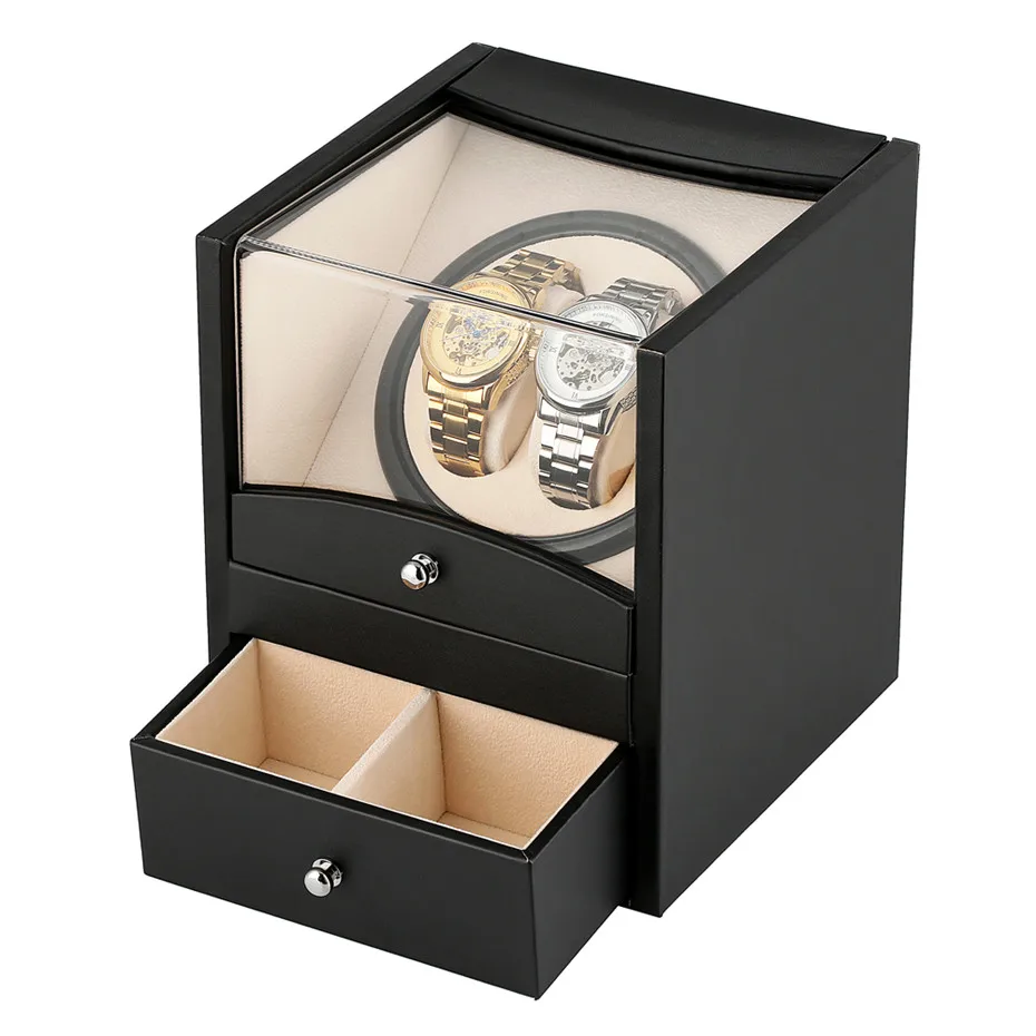 

2+2 Holders Storage Watch Winder for Automatic Mechanical Watch Motor Winding Case Luxury Black Shaker Boxes with Plug