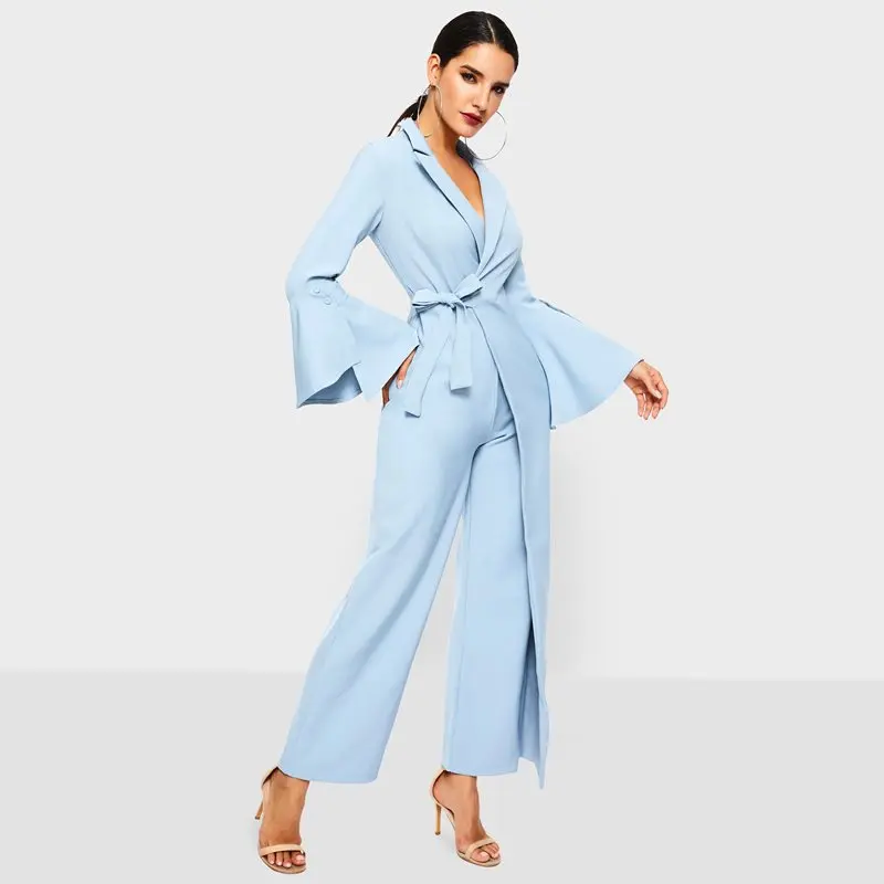 Best Women Wide Leg Jumpsuit Spring Office Wear Fashion Lace Up Flare Sleeve Gray Elegant Ladies Casual Business Work Long Jumpsuits