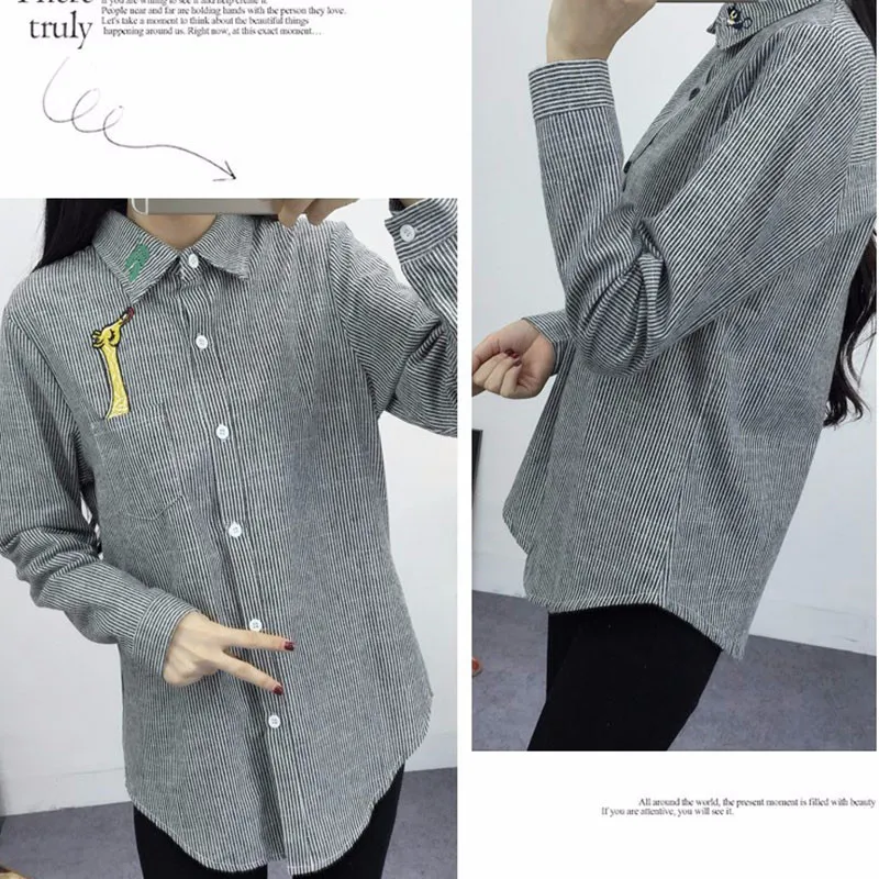 2016 New Spring and Autumn Womens Shirt Blouse Cat Embroidery Long Sleeve Women Shirts Casual Tops Size M-XL15