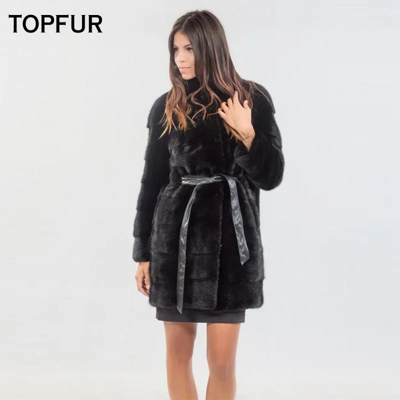 TOPFUR новинка 2019 настоящая норковая шуба женская черная средней длины с лентами