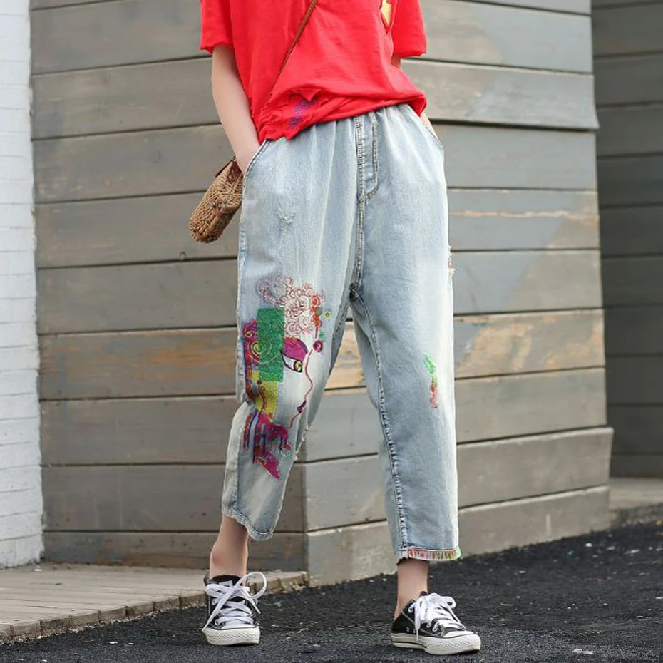 Women Denim Harem Pants Bottom Jeans Trousers Loose Big Embroidery Beauty Face Off White Fashion Casual for Spring Summer 92029