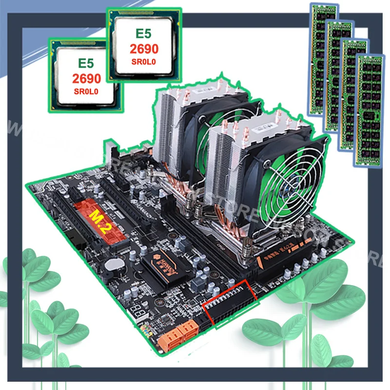 Goede HUANANZHI dual X79 moederbord met M.2 slot dual lan poort korting moederbord met dual CPU Xeon E5 2690 2.9GHz RAM 64G (4*16G)