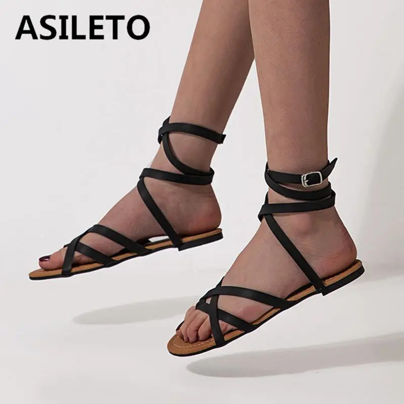 

ASILETO large size 45 46 summer shoes women flat sandals clip toe cross-tied strap Gladiator Flats strap sandalia flat heels