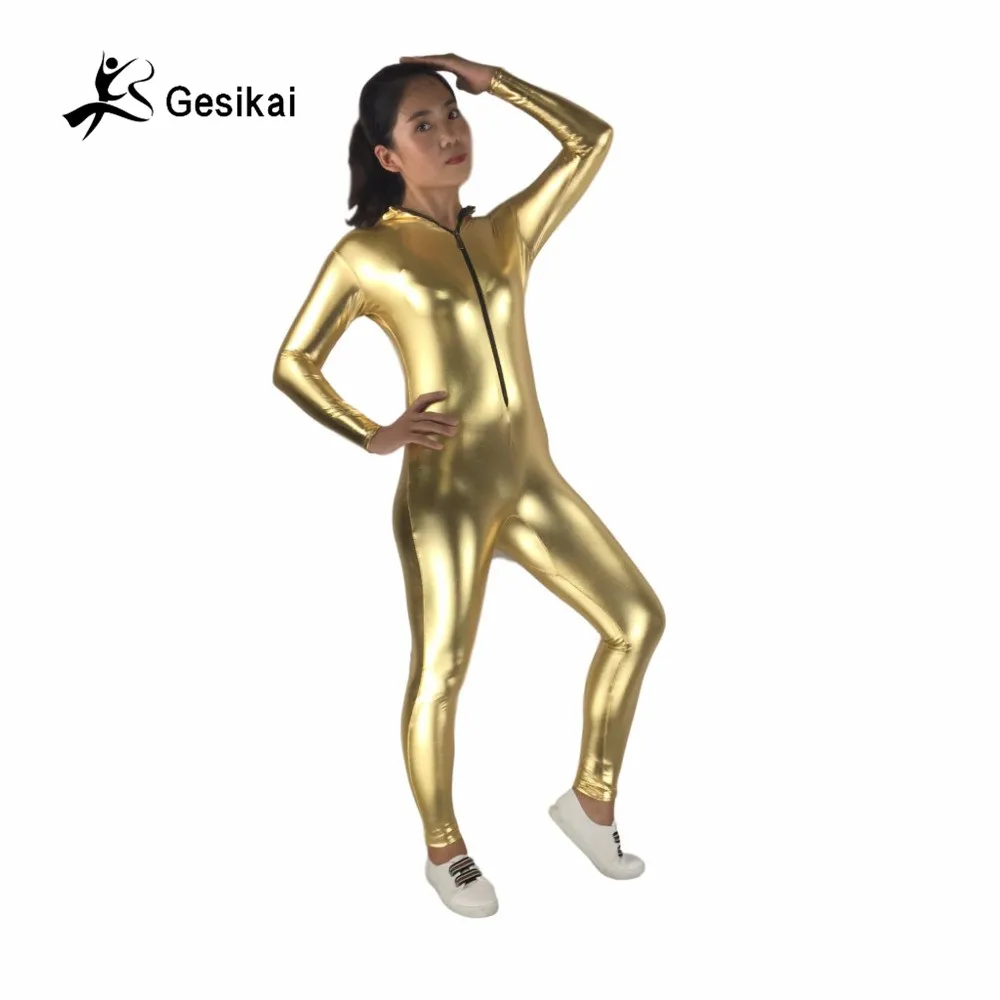 24 Hrs Shipped Out Womens Shiny Metallic Unitard Front Zipper Long