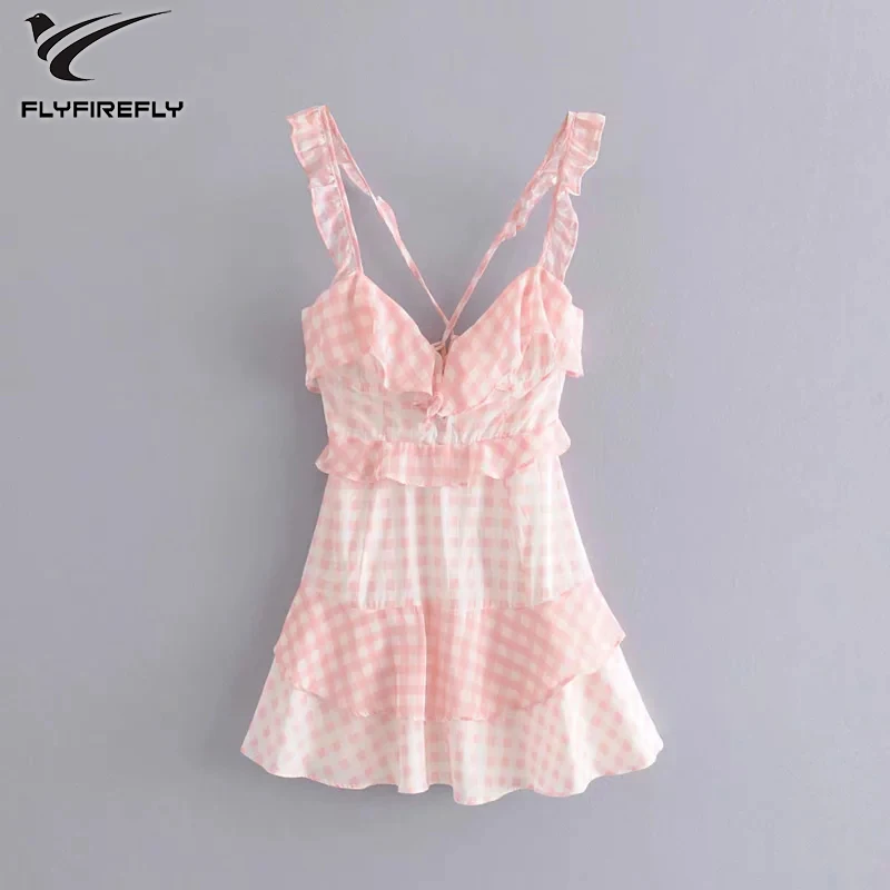 sexy Off Shoulder mini dress casual Vintage boho beach elegant ruffle Lace Up Front Plaid Dress korean summer vestidos | Женская одежда