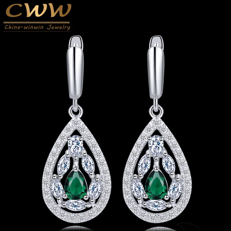 

CWWZircons Gorgeous Pear Drop Shape Green Cubic Zirconia Crystal Big Long Ear Piercing Hoop Earrings For Women CZ161