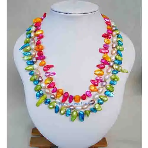 

Unique Pearls jewellery Store 3rows Multicolor Natural Freshwater Pearl Necklace 17-19inches Charming Women Gift