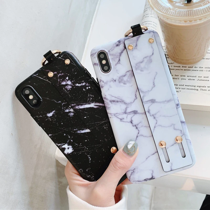 

Classic Marble Case For iPhone X XS XR XS Max 6 6S 7 8 Plus Wrist Strap Hand Band Soft IMD Phone Back Cover Cases Gifts