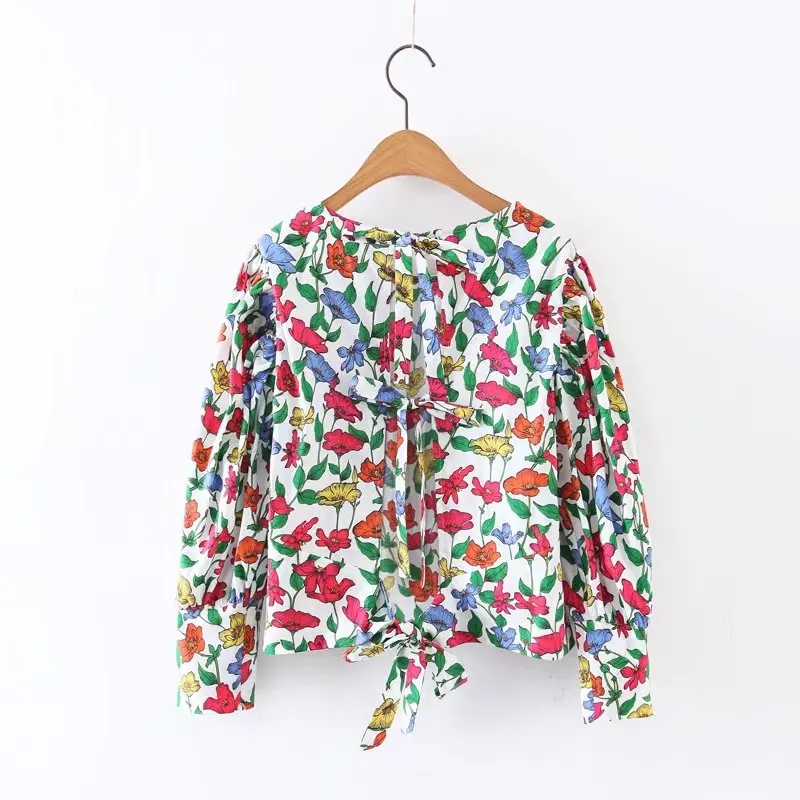 

2017 Wishbop Newest Puffy Sleeves Back Cut Out Floral Print Shirt - Round Neck Floral Tops For Women Fastens With Lace-up Bow