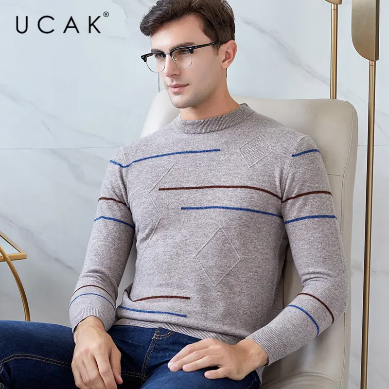 UCAK бренд мериносовой шерсти свитер для мужчин Уличная мода полосатый o-образный вырез Pull Homme осень зима теплый кашемировый пуловер для
